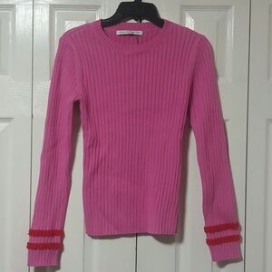 English Factory Pink Ribbed Sweater with Red Fringe Accents